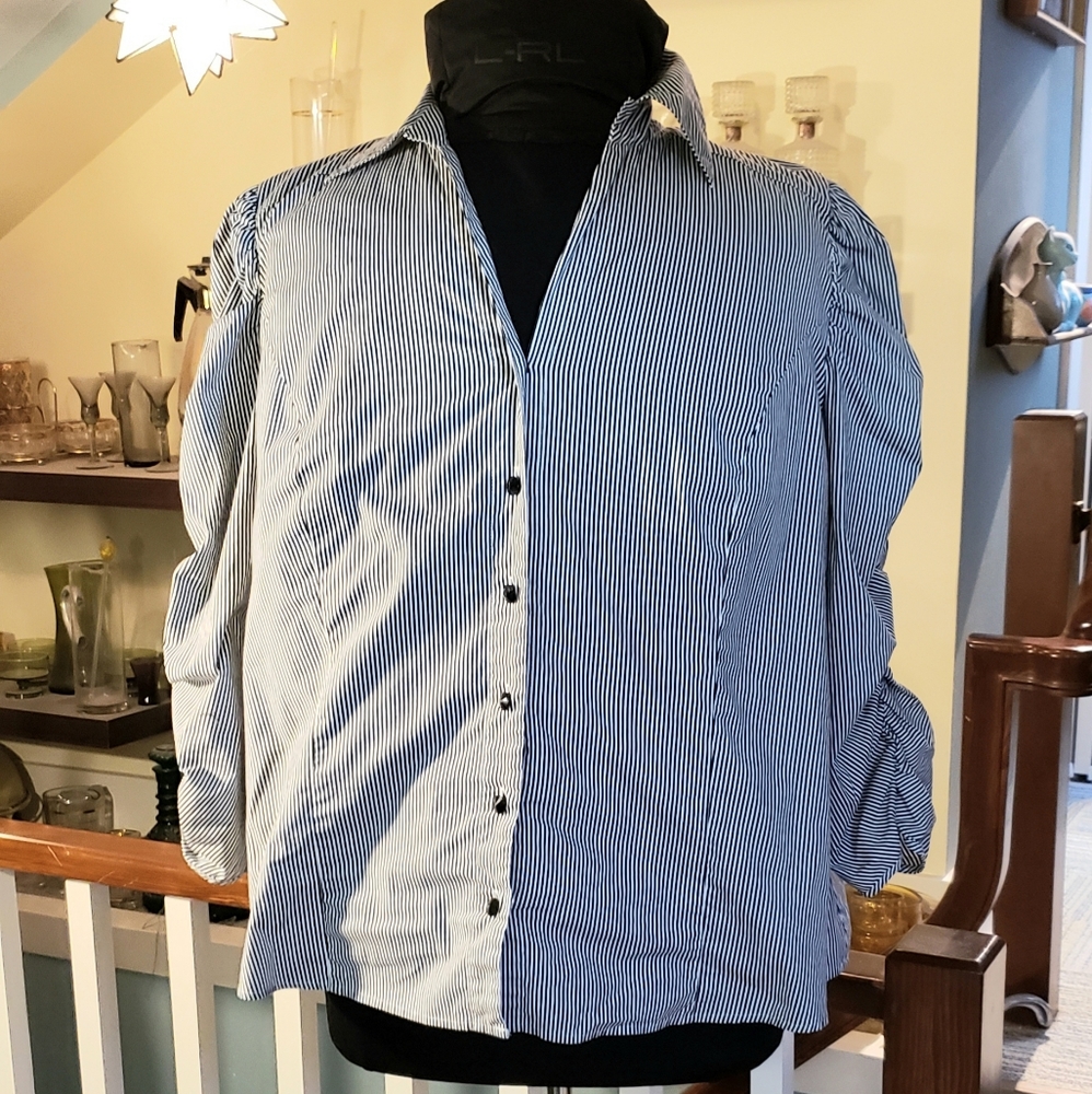 INC Womens Black And White Striped Blouse with Rusched Sleeves.